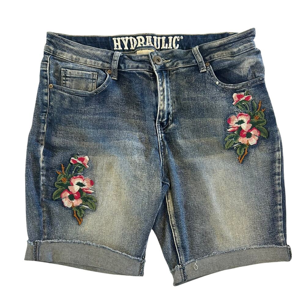 Hydraulic Embroidered Denim Jorts Size 14 Floral Bermuda Y2K Boho Cuffed Shorts